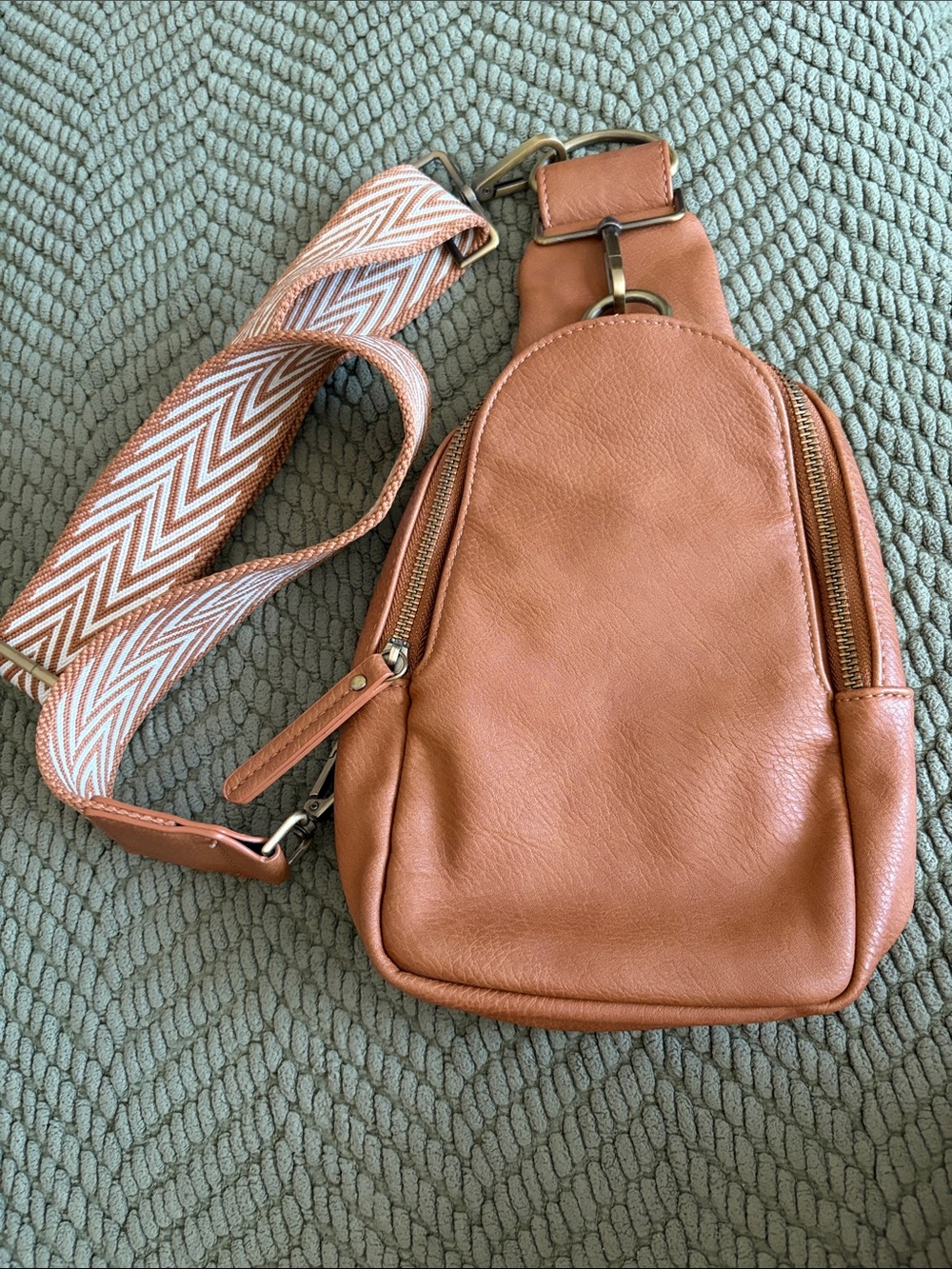 Anthropologie Tan Leather Crossbody Sling with Patterned Strap NWOT NEW